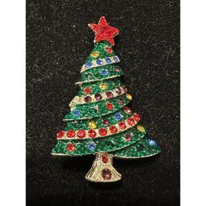Green Enamel Christmas Tree Pin Brooch Rhinestones Star Holiday Jewelry